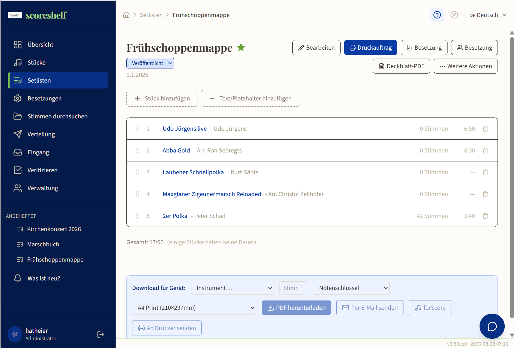 Setliste mit Druck-, E-Mail- und forScore-Verteilung
