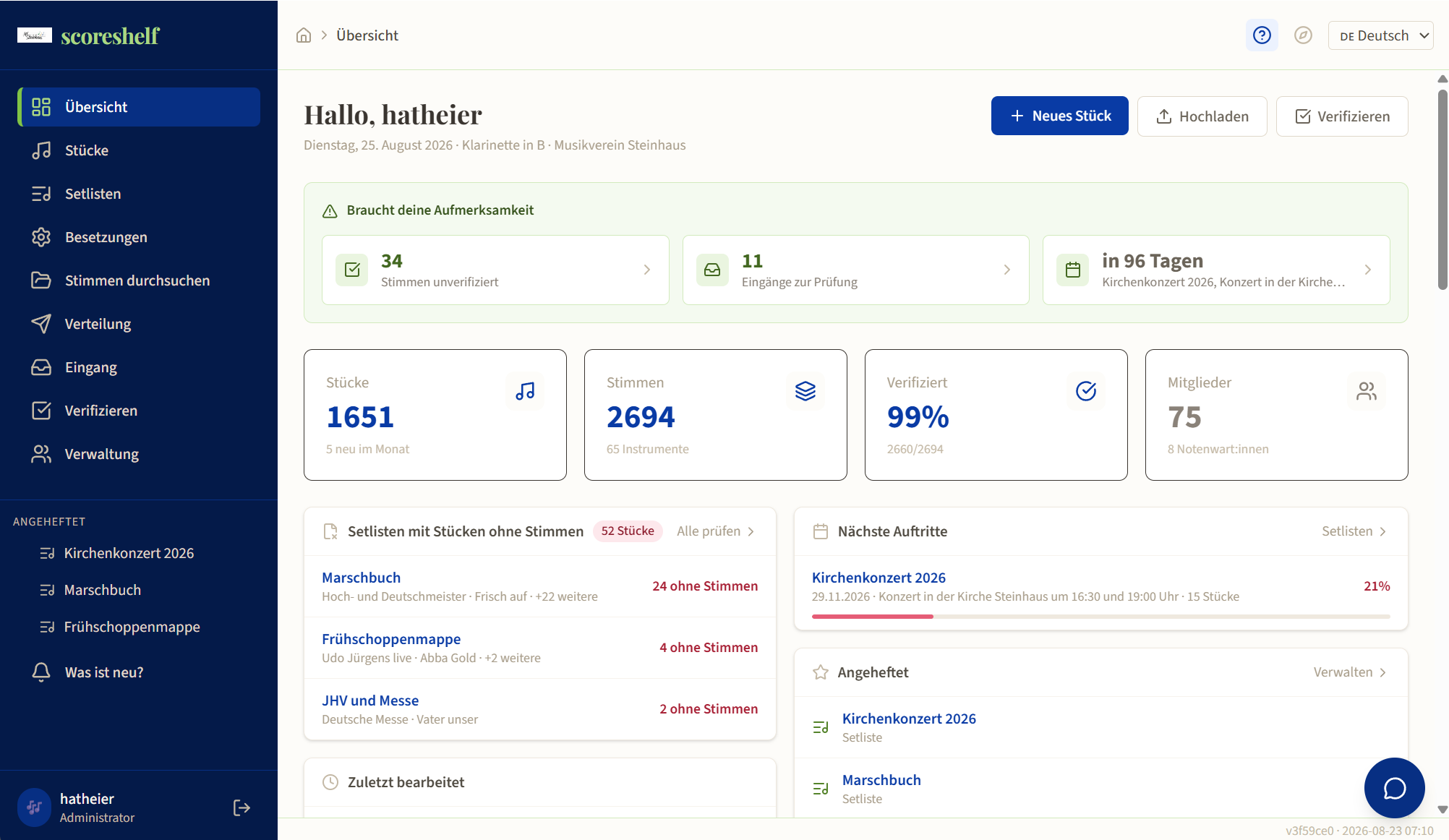 scoreshelf Übersicht: Kennzahlen und Setlisten des Vereins